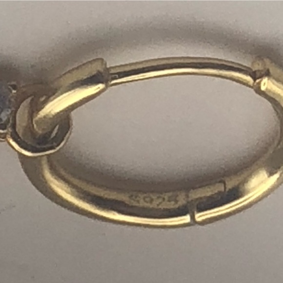 STERLING Silver Gold Tone Mini Huggie Hoop Earrings w Triangle Cz Drop .5” + .4” - Picture 5 of 6